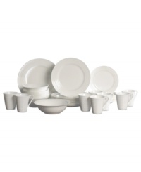 White done right. Mikasa's Irvine dinnerware set fits flawlessly into any meal plan, outfitting tables in versatile china with a ringed texture and timeless glaze. Featuring eight place settings and essential serveware.