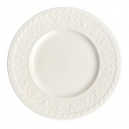 This collection of classic white, patterned dinnerware and serveware is remarkable for its ability to coordinate with a variety of table linen and flatware patterns.