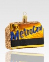 Visitors and natives alike will recognize the ubiquitous Metrocard, absolutely essential for navigating the city, here whimsically recreated in glittering glass.Handmade and hand-paintedGlassAbout 3.75L X 3.25H X 1.5DImported