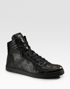 EXCLUSIVELY AT SAKS. High-top lace-up sneakers with interlocking GG in coded fabric. Leather trim Rubber sole Made in ItalyPlease note: For best fit please size down one full size.