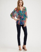 Gorgeous florals highlight crinkled silk chiffon in this easy split-neck top.Band collarSplit V necklineGathered sleevesShirttail hemAbout 26 from shoulder to hemSilkDry cleanImportedModel shown is 5'9 (175cm) wearing US size Small.