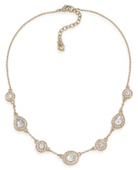 Carolee creates a shimmering illusion with this stunning necklace. Glass stones set in gold tone teardrop pendants are placed on a chain crafted of gold tone mixed metal. Approximate length: 16 inches + 2-inch extender.