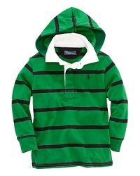 A classic long-sleeved rugby is updated with an attached hood for signature sporty style.