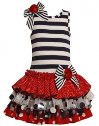 Size-6, Navy, BNJ-8036R Striped Knit to Multi Tiered Mix-Print Drop Waist Dress,R38036 Bonnie Jean Little Girls Girl Party Dress