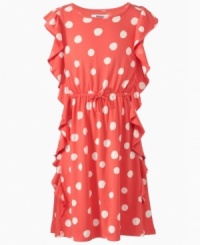 Perfect style. This light and soft polka dot-print dress from DKNY will be sure to get her spotted.