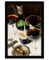 An appetizing still life for the dining room or kitchen wall, Chateau Haut Brione by Dimitri Volkov is a tribute to fine wine and superior taste. A half-empty bottle and glasses for two await on a crisp white tablecloth.