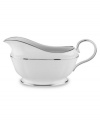 For nearly 150 years, Lenox has been renowned throughout the world as a premier designer and manufacturer of fine china. The simple and classic Hannah Platinum pattern brings a timeless refinement to your formal entertaining table, in pure white bone china embossed with a subtle palmetto-leaf design, and banded in platinum. Gravy boat shown back right.