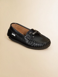 A mini version of this grown up penny loafer in a sleek design of plush leather with chain detail.Slip-onLeather upperLeather liningRubber solePadded insoleImported