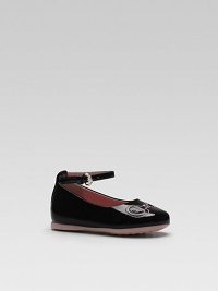 Unmistakable , signature horsebit stitching adorns rich patent leather flats with GG-embossed sole.Adjustable buckle ankle strapPatent leather upperLeather liningRubber solePadded insoleMade in Italy