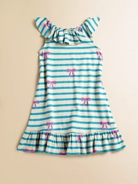 Sweet bows, stripes and flirty ruffles are the perfect frilly, feminine adornments for this a-line frock.Ruffled jewelneckSleevelessPullover styleA-line silhouetteRuffled hem51% modal/49% cottonMachine washImported