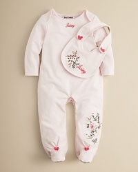 A cozy option that evokes spring year-round, this pretty footie is embroidered with birds and flowers and finished with bows at the feet. The coordinating bib helps meal time be neater.