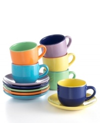 Mix and match two-tone espresso cups and solid saucers from the Color Cafe set from Gibson drinkware for a totally brilliant casual table. Dishwasher- and microwave-safe stoneware make entertaining a cinch.