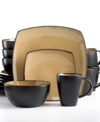 High contrast. A chic, two-tone design rendered in contrasting gloss and matte finishes sets your table in style. Complete with service for four, this Gibson dinnerware set makes every meal memorable.