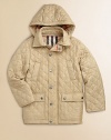 Keeping him cozy on school days and right through the weekend, this easy classic with diamond quilting and a detachable hood offers warmth without bulk so it won't ever get in his way.Snap-off hood with check liningSpread collarFront zip close under snap placketLong sleevesAngled welt chest pocketsFront snap-flap patch pocketsFully linedNylonMachine washImported Please note: Number of snaps may vary depending on size ordered. 