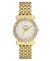 Indulge yourself with the sparkle and shine of this chic watch by Caravelle by Bulova. Gold tone mixed metal bracelet and case. Bezel embellished with crystal accents. Textured silver tone dial features gold tone numerals at markers, minute track, three hands and logo. Quartz movement. Water resistant to 30 meters. Two-year limited warranty.