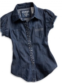 GUESS Kids Girls Big Girl Woven Top with Mixed Rivets, DARK DENIM RINSE (7/8)