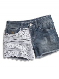 GUESS Kids Girls Big Girls Denim Shorts W/ Crochet Lace, MEDIUM STONE (16)