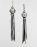 From the Midnight Pearl Collection. Gleaming chain tassels of blackened sterling silver dangle delicately from iridescent Tahitian cultured pearls with bands of diamonds above and below.Diamonds, .34 tcwTahitian pearls, 11mm-12mmSterling silverLength, about 3Ear wireImported