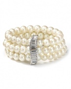 Vow to wow on your big day with this triple strand pearl bracelet. With a striking silver baguette, it's a statement piece for the bride-to-be with classic aisle style.