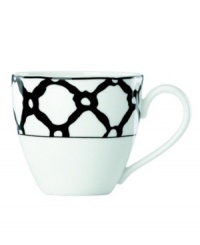 Designer kate spade takes basic black and white in a bold new direction with St. Kitts Exeter Road dinnerware. The dishes have a chainlink pattern that crisscrosses this bone china cup for striking everyday style.