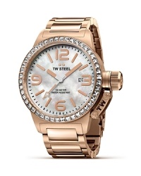 Accented with 46 white Swarovski crystals, TW Steel's 3-hand dial Canteen watch lends a luxe look with a mother of pearl dial and rosegold plated numerals.