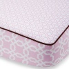 A pretty pink and white lattice print and square and dot printed cotton knit, separated by brown linen trim. The American Academy of Pediatrics and the U.S. Consumer Product Safety Commission have made recommendations for safe bedding practices for babies. When putting infants under 12 months to sleep, remove pillows, quilts, comforters, and other soft items from the crib.