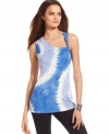 INC gets artistic with bold tie dye on an asymmetrical draped tank. Soft gathering balances out the edgy cut of this top.