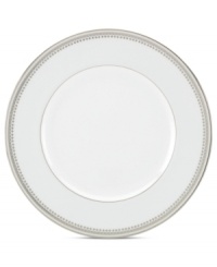 Spun with shimmering platinum, the Belle Haven accent plate by Lenox has all the elegance of white china – with a playful twist! Delicate beading and an extra flourish add to its enchanting style.