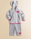 Crafted in ultra-plush velour with Juicy logo and striped cuffs and hem, this charming set will keep baby cozy and stylish. Hoodie Attached hoodLong sleevesFull zip frontRibbed cuffs and hemSplit kangaroo pocket Pants Elastic waistband78% cotton/22% spandexMachine washImported