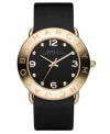 Make a splash with simple style. This iconic Marc by Marc Jacobs watch features a black leather strap and ion-plated goldtone stainless steel round case. Logo etched at bezel. Black dial with goldtone dot markers, numerals and logo. Quartz movement. Water resistant to 30 meters. Two-year limited warranty.