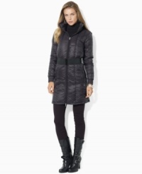 Designed with a modern stowaway hood for added protection, Lauren Ralph Lauren's chic quilted jacket is belted at the waist for a flattering fit.