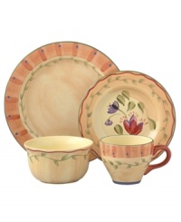 With a Tuscan-inspired pattern in warm, sun-drenched colors, the Napoli 16-piece dinnerware and dishes set evokes cozy, casual meals in the Italian countryside. Scalloped edges add a touch of old-world charm.