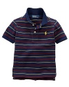 A short-sleeved polo shirt is cut in soft, breathable cotton mesh with a bold striped pattern.