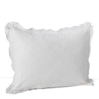 Embroidered eyelet and a ruffle trim accent this feminine, decorative pillow from DKNY.