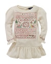 An adorable holiday-inspired print enlivens a comfy, casual dress with sweet ruffles in soft cotton waffle knit.