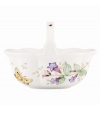 Spring is perpetually in season with the whimsical Butterfly Meadow basket from Lenox. A handled design with colorful blooms and butterflies in scalloped white porcelain lends country charm to any setting.