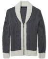 Cozy cable knit and cool contrasting color details make this Sean John cardigan a handsome pick.