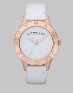 A clean and sleek style in warm rose goldtone and supple, matte leather. Quartz movementWater resistant to 5 ATMRound rose goldtone ion-plated stainless steel case, 40mm (1.6) Logo engraved bezelWhite dialSecond hand White matte leather strapImported