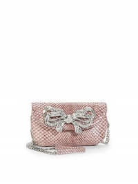 THE LOOKRemovable crossbody chainCompact shape of luxe pythonOversized front bow encrusted with crystalsMagnetic flap closureOne inside open pocketInside logo detailTHE MEASUREMENTCrossbody chain, 24 drop6W X 4H X 1DTHE MATERIALCrystalPythonFully linedORIGINMade in Italy