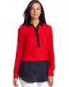 AK Anne Klein Women's Petite Color Block Tunic Top, Red Poppy, Small