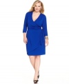 Dazzle from desk-to-dinner with Spense's three-quarter-sleeve plus size dress, defined by a slenderizing faux wrap design.