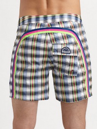 Comfortable, quick dry trunks have a lace-up waist and signature rainbow detail across the back and down the leg. Drawstring waist Grip-tape fly Back flap pocket with grip-tape closure Partial lining Inseam, about 7 Polyester Machine wash Imported 