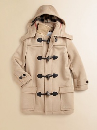 Featuring check lining, classic toggles and a removable hood, this coat made from plush wool is a cold-weather must-wear.Detachable hoodShirt collarLong sleeves with button cuffsToggle button closureFlap patch pocketsFully linedWoolDry cleanImported Please note: Number of buttons may vary depending on size ordered. 