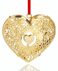 Fill your home with love this holiday with ChemArt's filigree heart ornament, featuring intricate pierced detail in gold-plated brass.