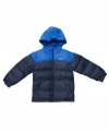 Leave him out in the cold. He won't mind when he's wearing this Nike puffer coat to keep him warm.