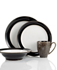 More than meets the eye, Denby's Praline Noir place setting boasts standout durability in addition to style. With distinct silhouettes in casual stoneware and a bold black and white glaze.