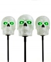 Dig up something truly scary to greet Halloween goblins and ghosts. Skull lawn spikes do the trick with a sparkling silver finish and glowing eyes to light your lawn. (Clearance)