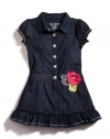 GUESS Kids Girls Denim Dress with Corsage, DARK STONEWASH (3T)