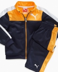 The high-performance tricot material on this track jacket and pants set from Puma ensures your little one's outfit keeps cute through multiple washes.