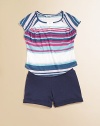 Delivering two striking pieces in one package, a vibrant striped knit is paired with wear-everywhere cuffed shorts for a playtime or dinnertime ensemble. Top Crewneck with v-insetShort cap sleevesFront buttonRound hem Short Elastic waistbandCuffed hem50% cotton/50% modalMachine washMade in USA